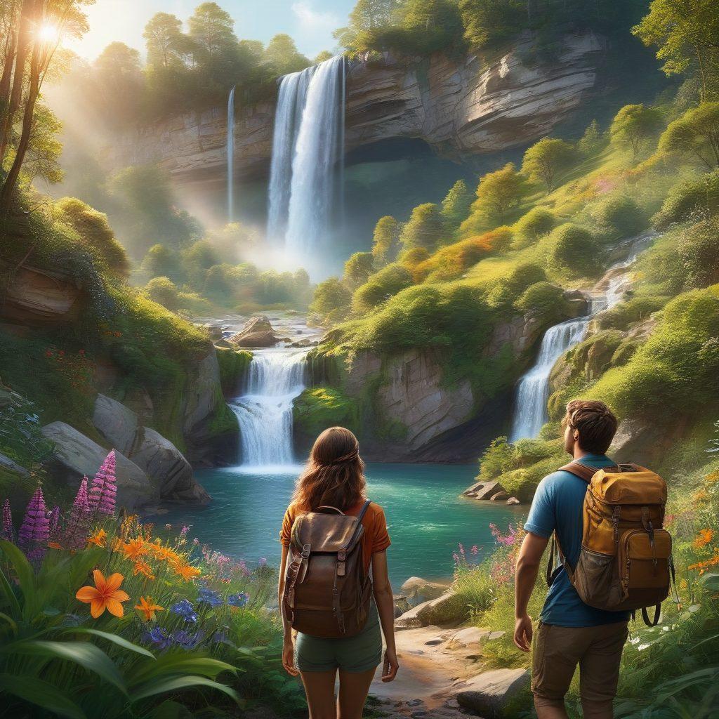 A breathtaking landscape featuring a secluded, lush hideaway where nature thrives, with a couple experiencing a romantic moment. Enchanting wildflowers bloom around them, and a hidden waterfall cascades in the background. Soft light filters through the trees, creating an ethereal atmosphere. A vintage map peeks out from a nearby backpack, implying exploration and adventure. The scene is imbued with a sense of warmth and passion. super-realistic. vibrant colors. nature-inspired.