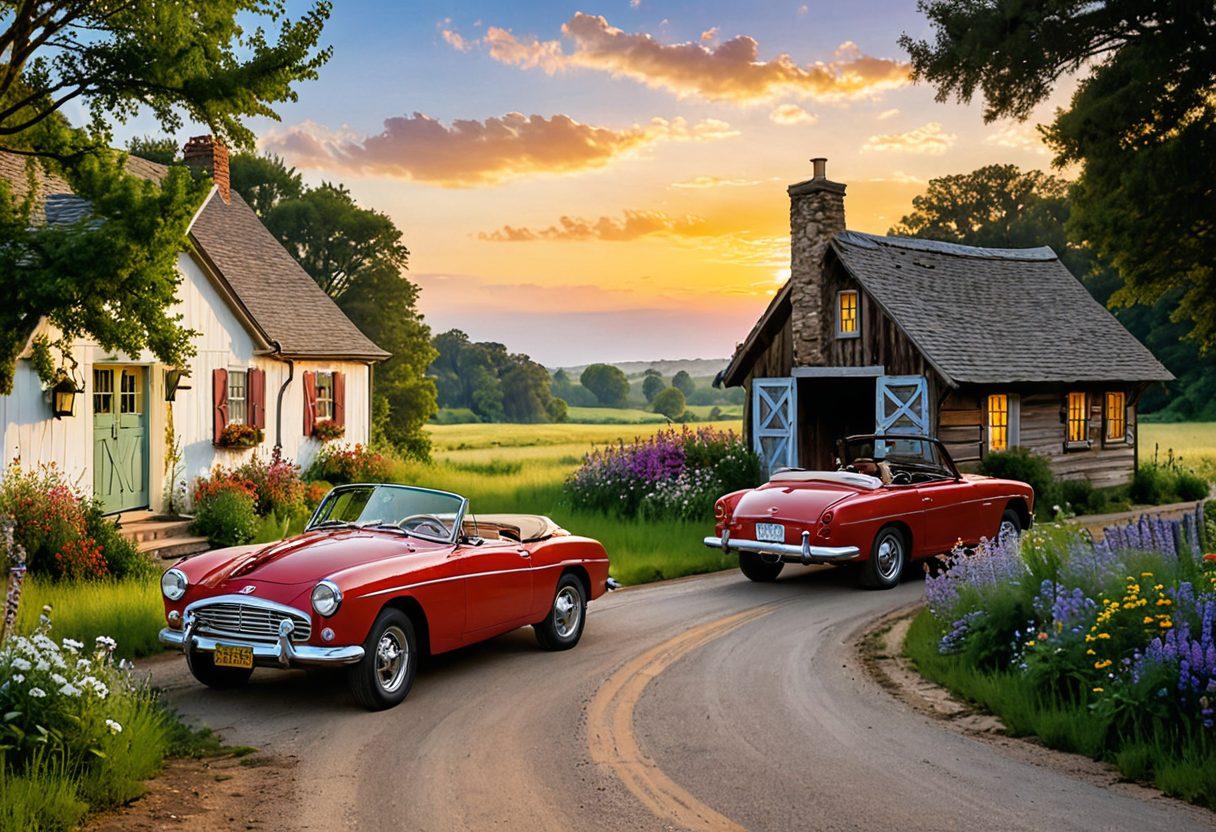 A couple joyfully exploring a scenic backroad, surrounded by lush greenery and hidden gems like quaint cottages and colorful wildflowers. Their expressions reflect excitement and romance, capturing the essence of adventure and discovery. A vintage car parked nearby adds to the nostalgic charm, while a sunset casts a warm glow over the scene. dreamy and romantic atmosphere. vibrant colors. painting.