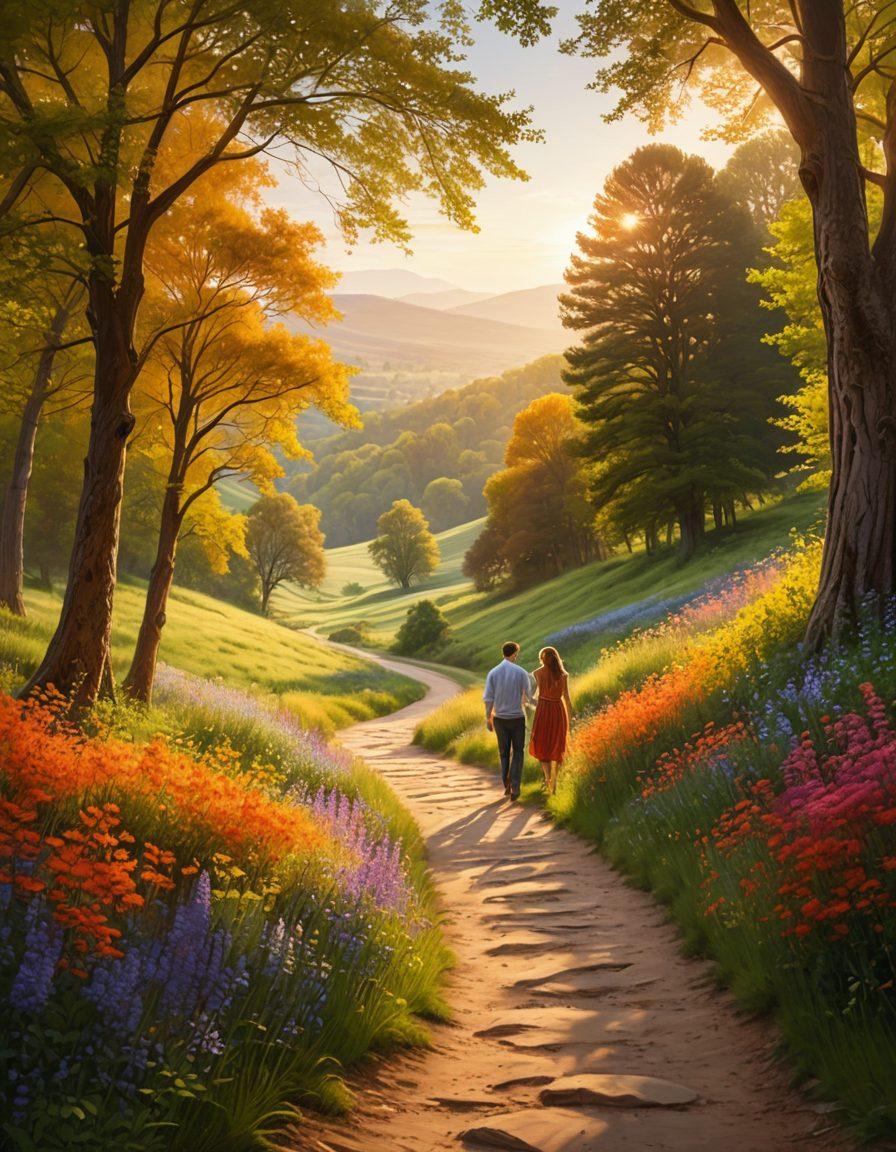 A serene landscape featuring a winding path through a lush forest, dotted with blooming wildflowers. A couple holding hands strolls along the route, surrounded by majestic trees and gentle sunlight filtering through the leaves. Soft rolling hills can be seen in the background, enhancing the romantic atmosphere. Capture the essence of love and nature intertwining. vibrant colors. super-realistic.